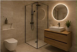 Baño completo con ducha y mueble de madera