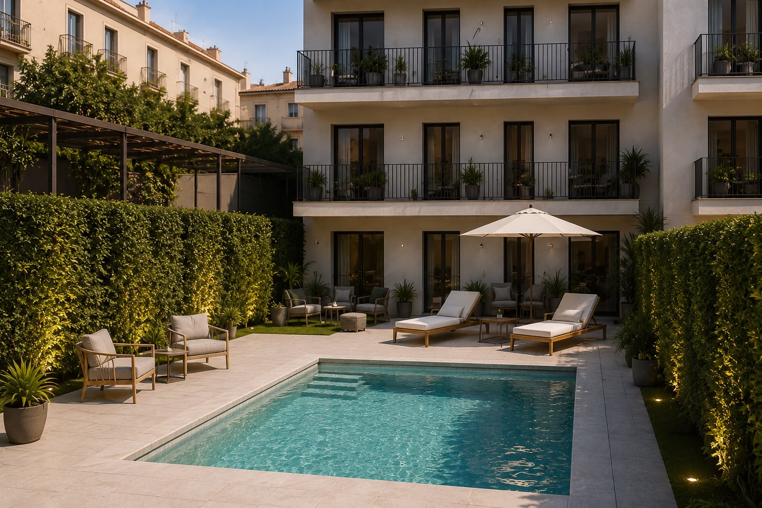 Piscina comunitaria con zona chill out