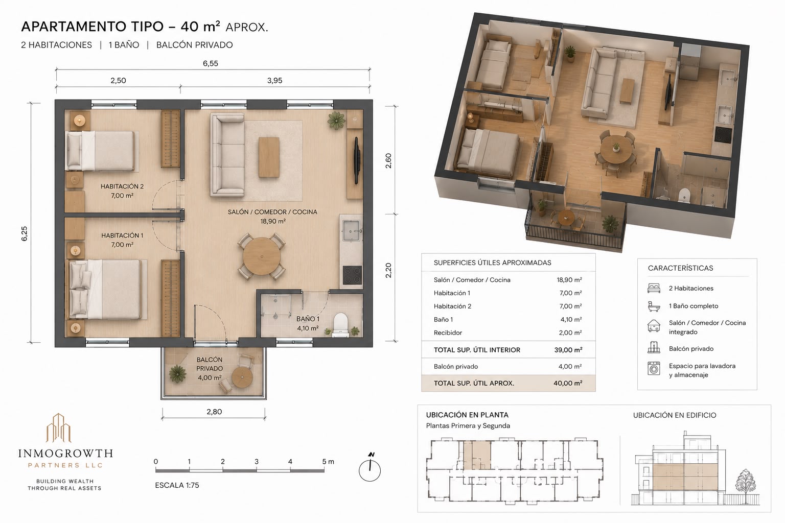 Plano del apartamento tipo de 40 m² con 2 habitaciones y balcón privado